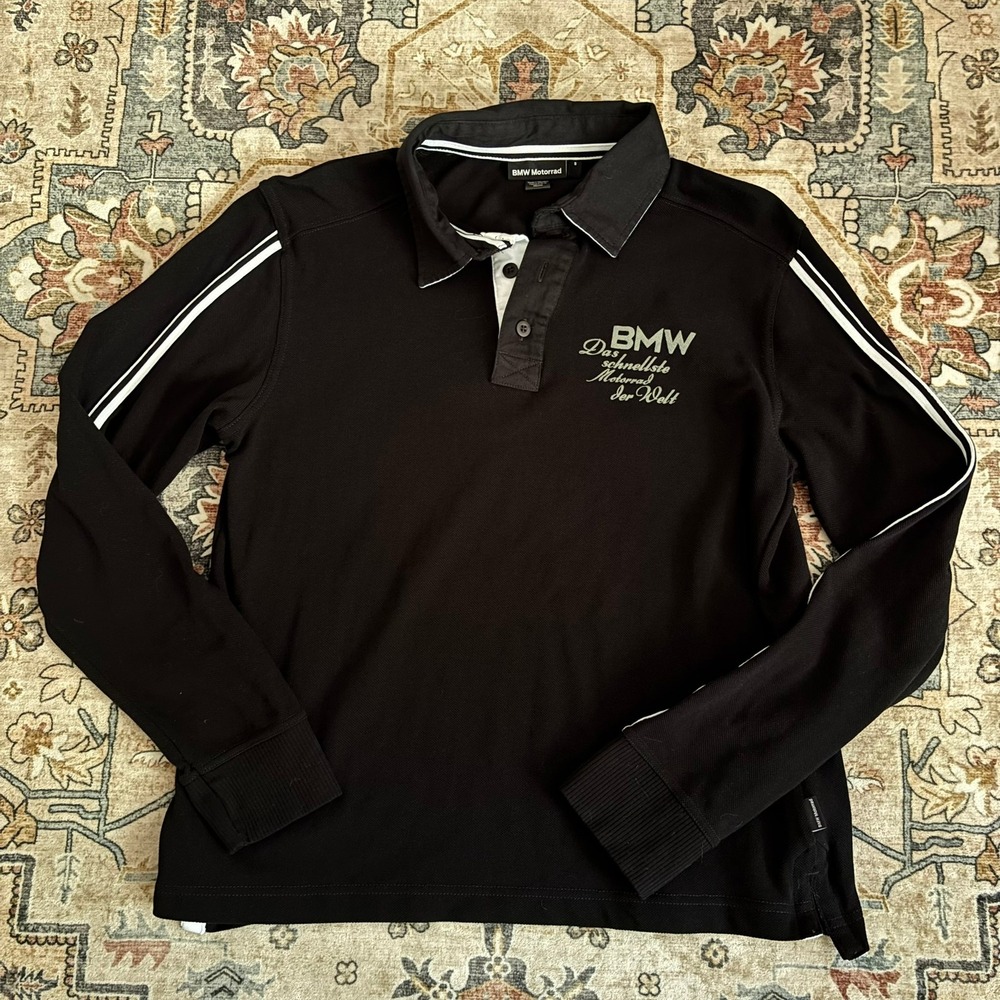 BMW Motorrad Mens Long Sleeve Polo Shirt Rugby Style Black Racing Size Small Car